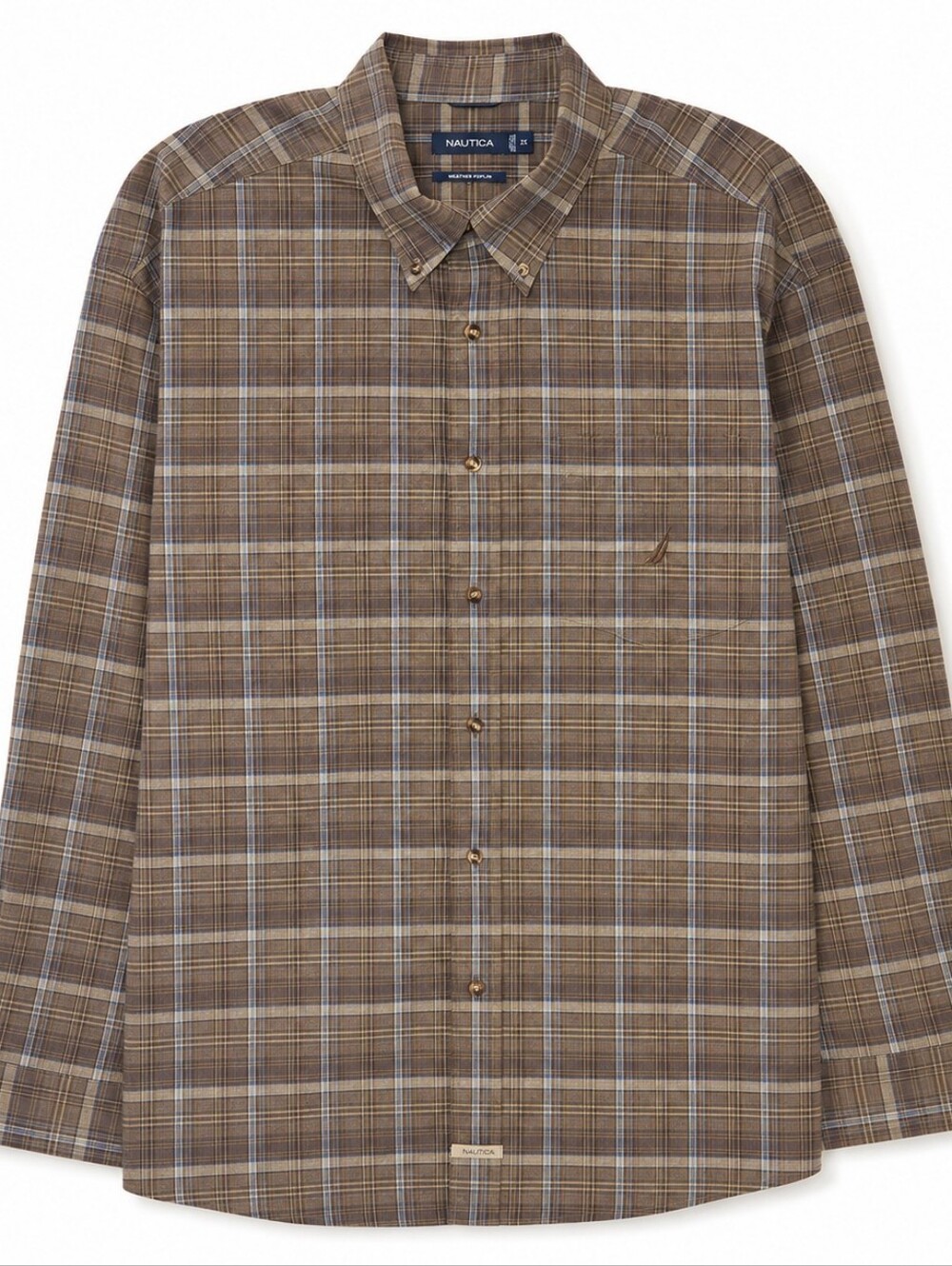 Nautica Cotton Poplin Plaid Button Down Shirt Brown Blue 2X Relaxed Fit Casual - Picture 2 of 14